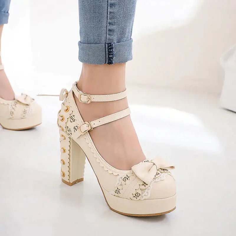 Sweet Lolita Heels with Lace Trim and Floral Insoles - Cosparty