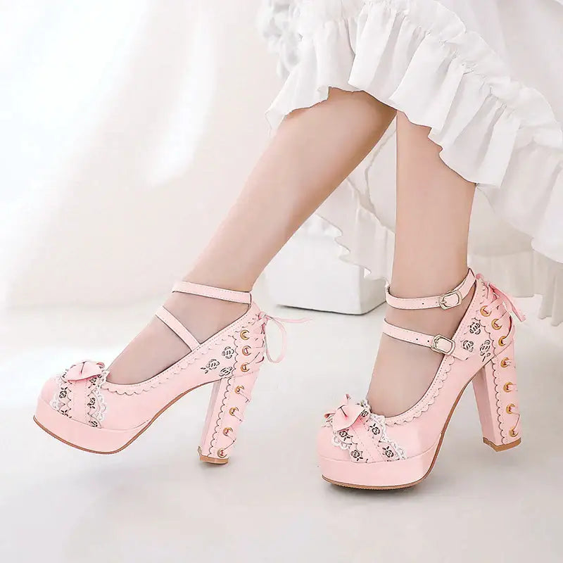 Sweet Lolita Heels with Lace Trim and Floral Insoles - Shoes