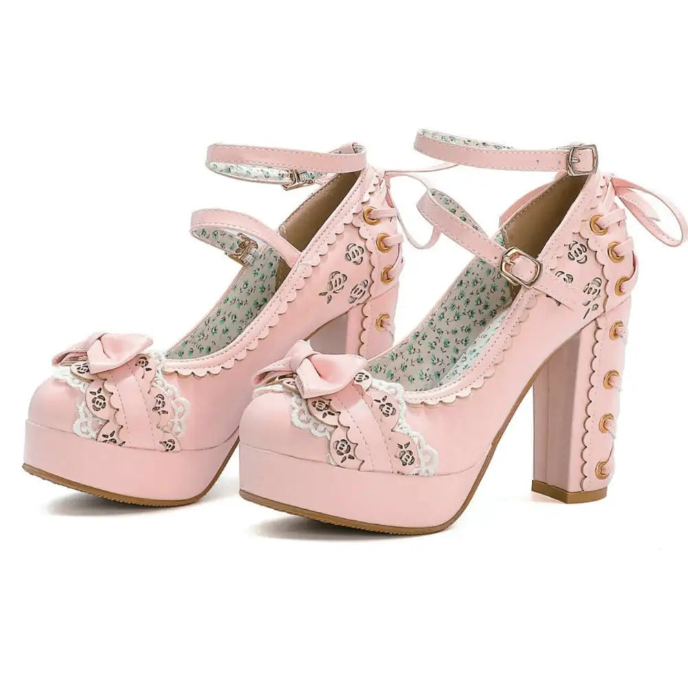 Sweet Lolita Heels with Lace Trim and Floral Insoles - Pink / 4.5 - Shoes