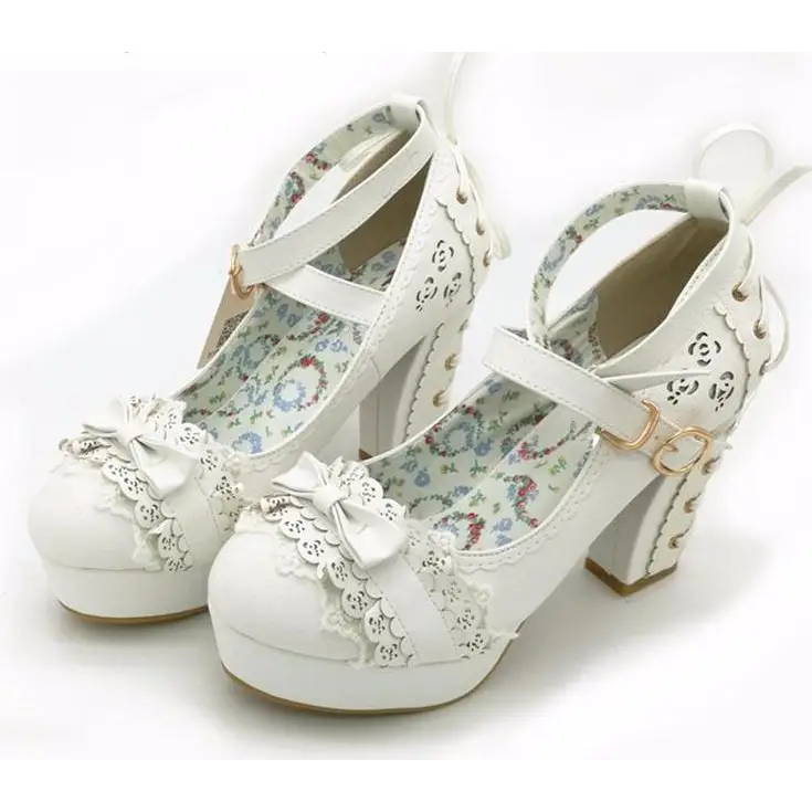 Sweet Lolita Heels with Lace Trim and Floral Insoles - Shoes