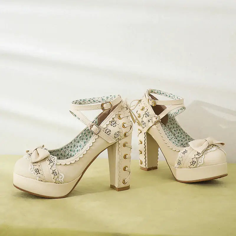 Sweet Lolita Heels with Lace Trim and Floral Insoles - Shoes