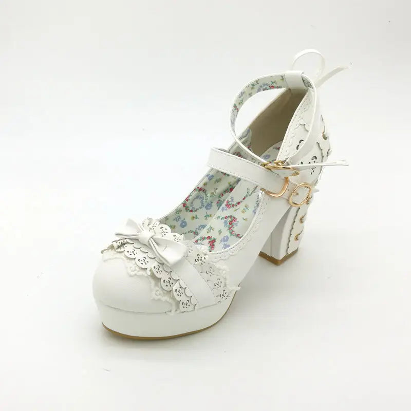 Sweet Lolita Heels with Lace Trim and Floral Insoles - Shoes