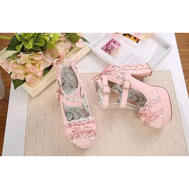 Sweet Lolita Heels with Lace Trim and Floral Insoles - Shoes