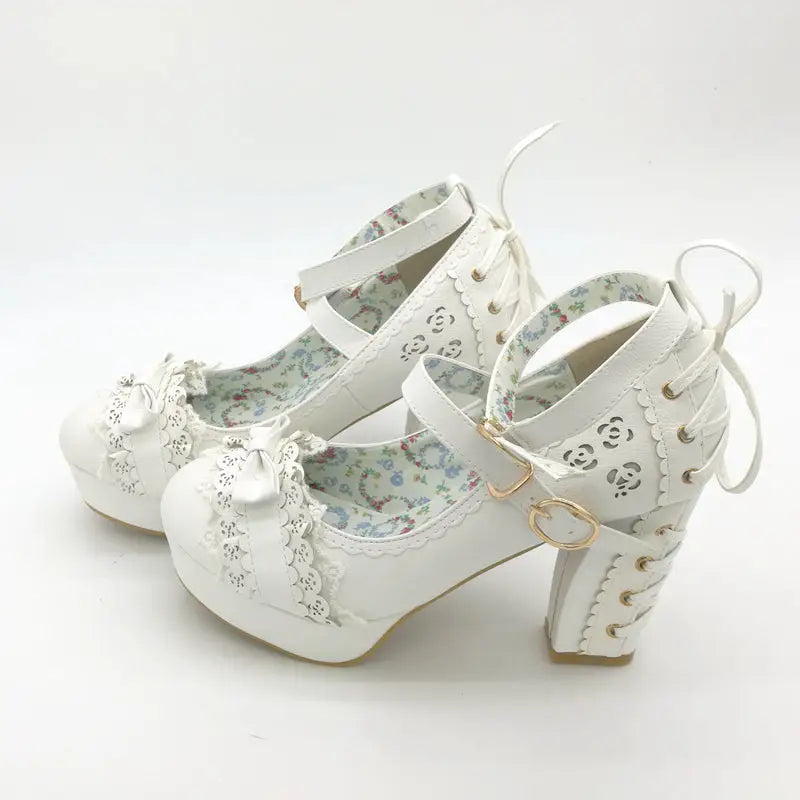 Sweet Lolita Heels with Lace Trim and Floral Insoles - Shoes