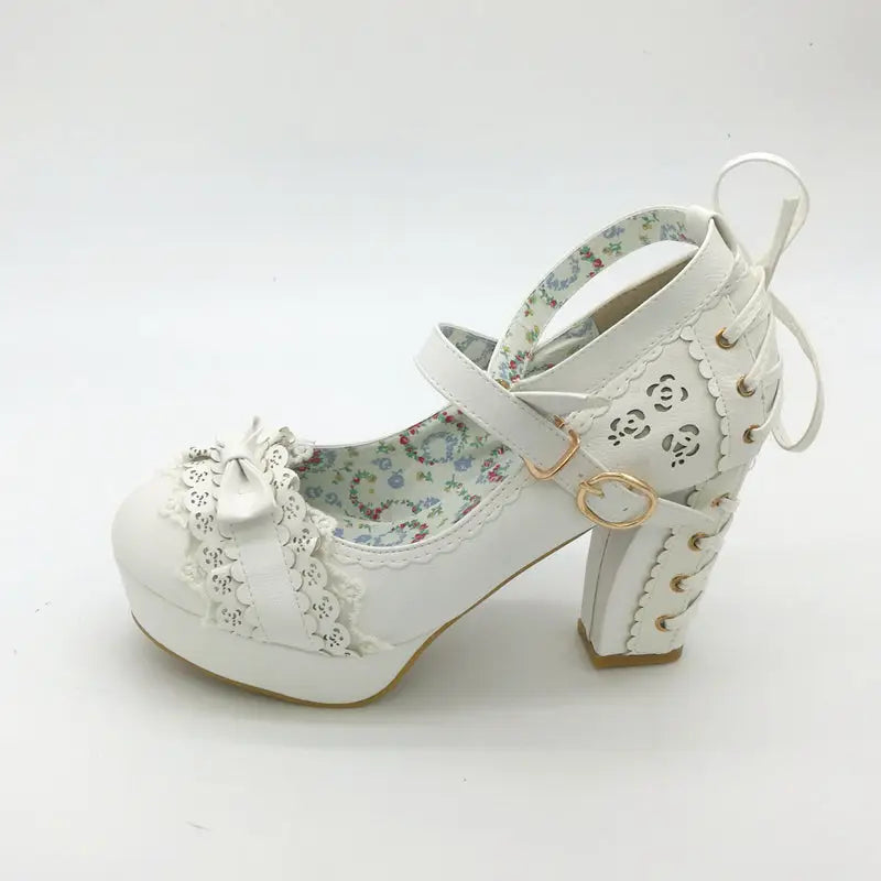 Sweet Lolita Heels with Lace Trim and Floral Insoles - Shoes