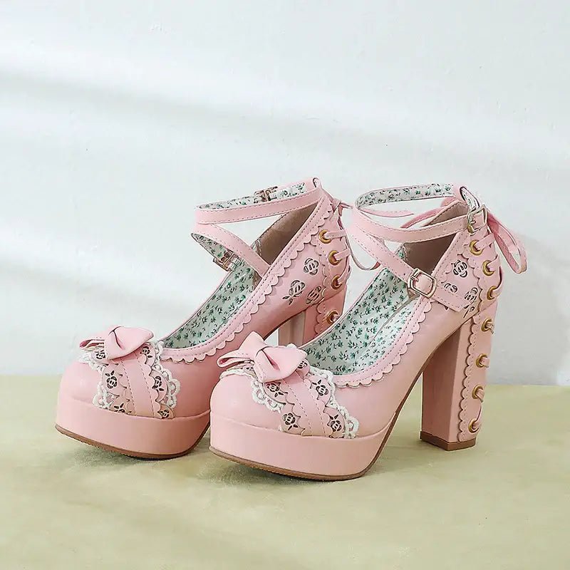 Sweet Lolita Heels with Lace Trim and Floral Insoles - Cosparty