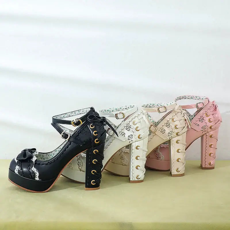 Sweet Lolita Heels with Lace Trim and Floral Insoles - Shoes