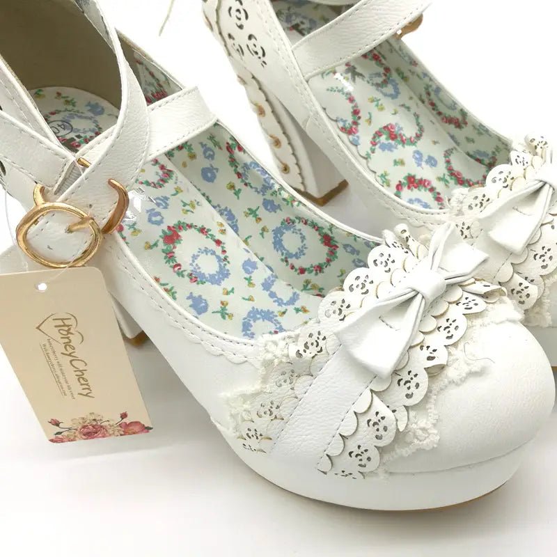 Sweet Lolita Heels with Lace Trim and Floral Insoles - Cosparty