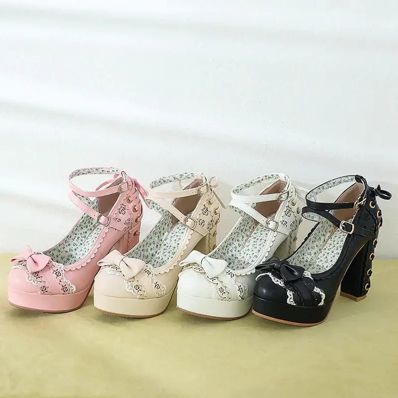 Sweet Lolita Heels with Lace Trim and Floral Insoles - Cosparty