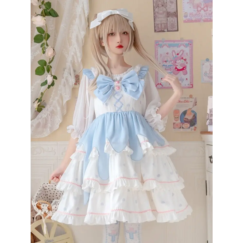 Sweet Pastel Blue Polkadot Lolita Dress with Luxurious Details - S - dress