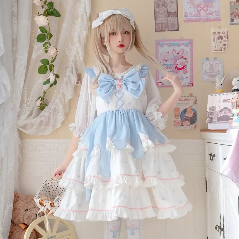 Sweet Pastel Blue Polkadot Lolita Dress with Luxurious Details - dress