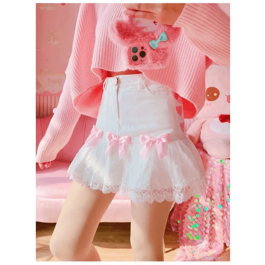 Sweet Pink and White Lace Lolita Skirt with Ribbons and Ruffles - Cosparty