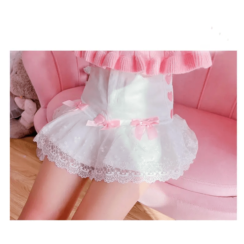 Sweet Pink and White Lace Lolita Skirt with Ribbons and Ruffles - Cosparty