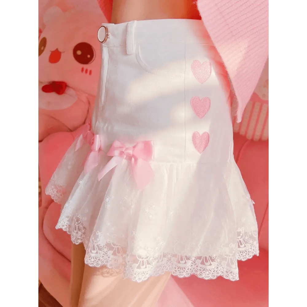 Sweet Pink and White Lace Lolita Skirt with Ribbons and Ruffles - Cosparty