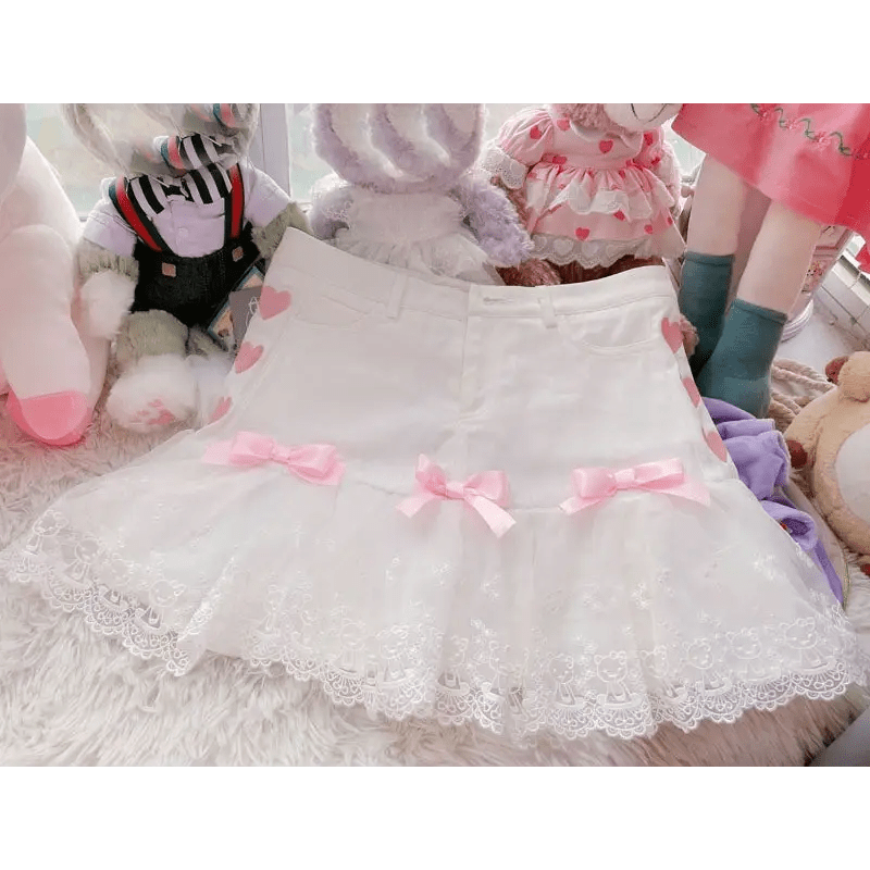 Sweet Pink and White Lace Lolita Skirt with Ribbons and Ruffles - Cosparty
