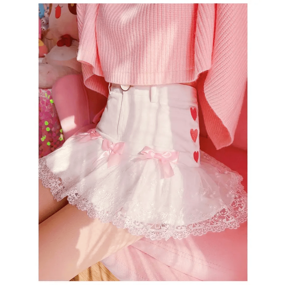 Sweet Pink and White Lace Lolita Skirt with Ribbons and Ruffles - Cosparty