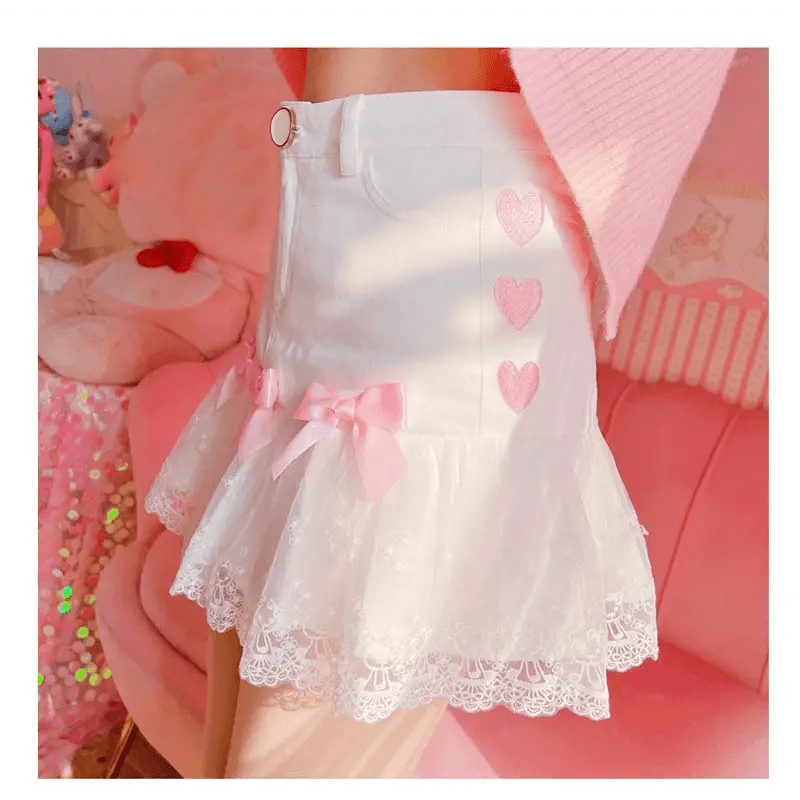 Sweet Pink and White Lace Lolita Skirt with Ribbons and Ruffles - Cosparty