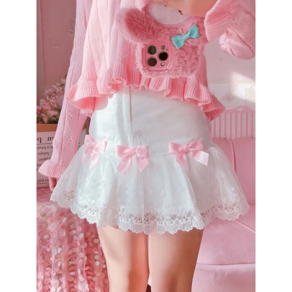 Sweet Pink and White Lace Lolita Skirt with Ribbons and Ruffles - Cosparty