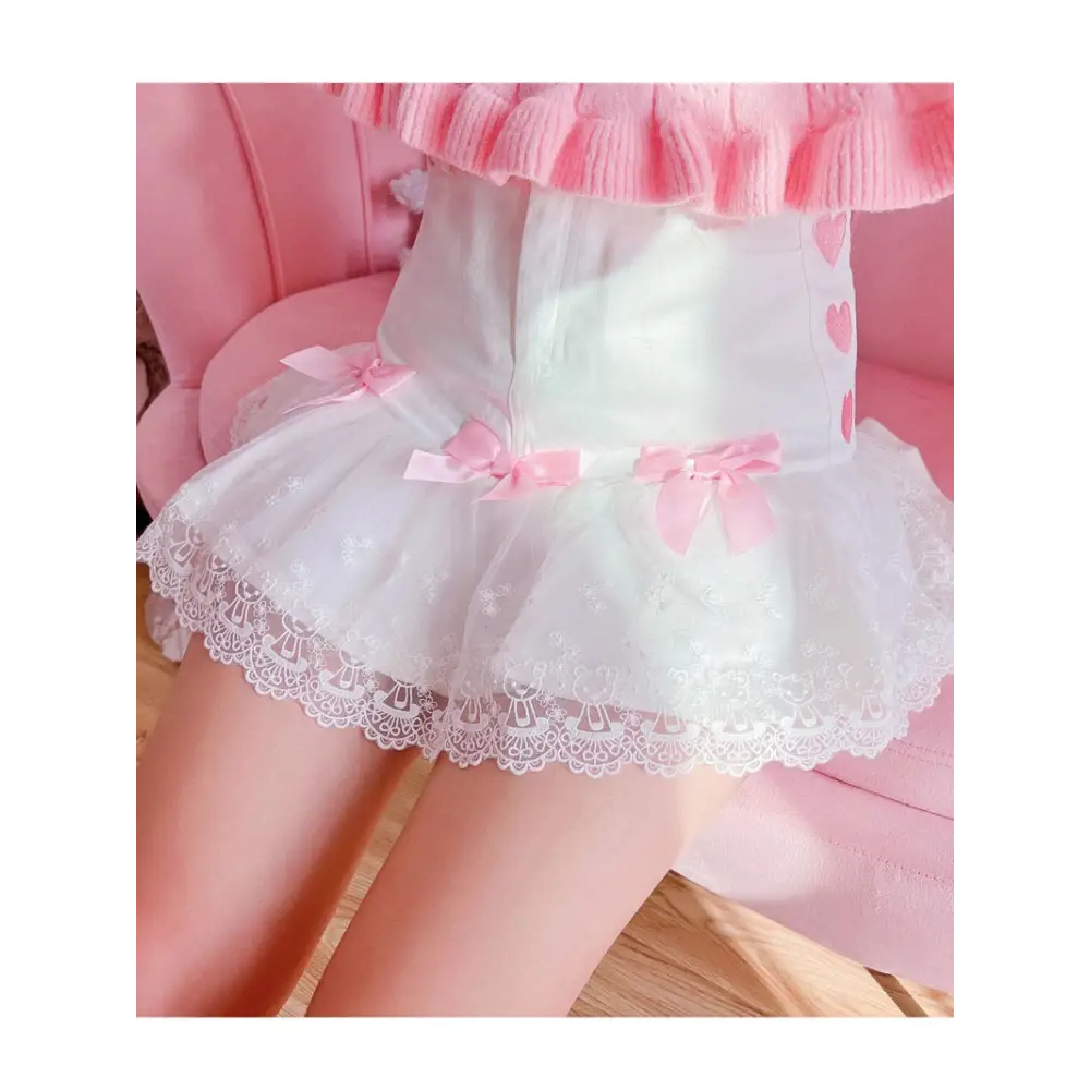 Sweet Pink and White Lace Lolita Skirt with Ribbons and Ruffles - skirt