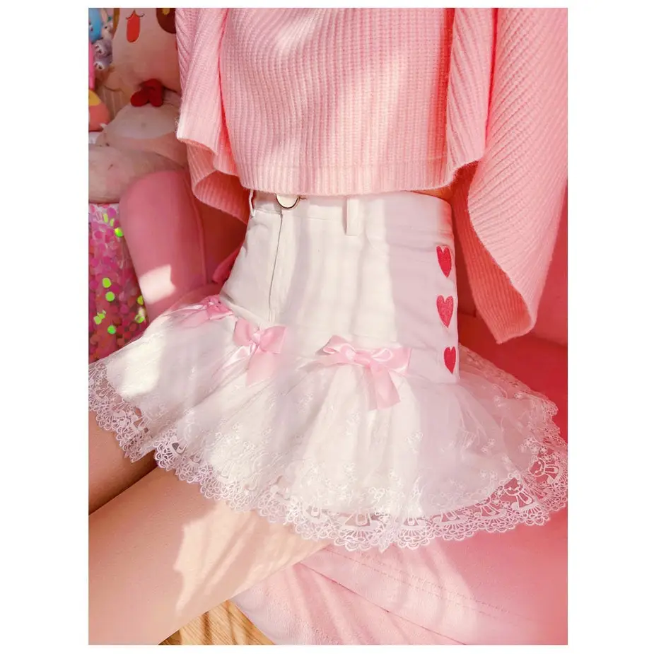 Sweet Pink and White Lace Lolita Skirt with Ribbons and Ruffles - skirt