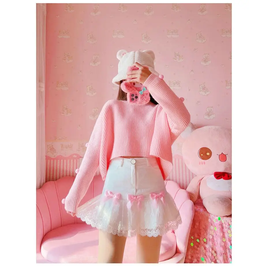 Sweet Pink and White Lace Lolita Skirt with Ribbons and Ruffles - skirt