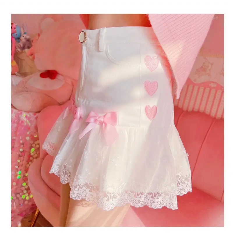 Sweet Pink and White Lace Lolita Skirt with Ribbons and Ruffles - skirt