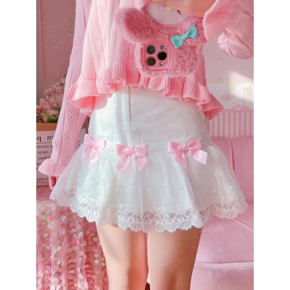 Sweet Pink and White Lace Lolita Skirt with Ribbons and Ruffles - skirt