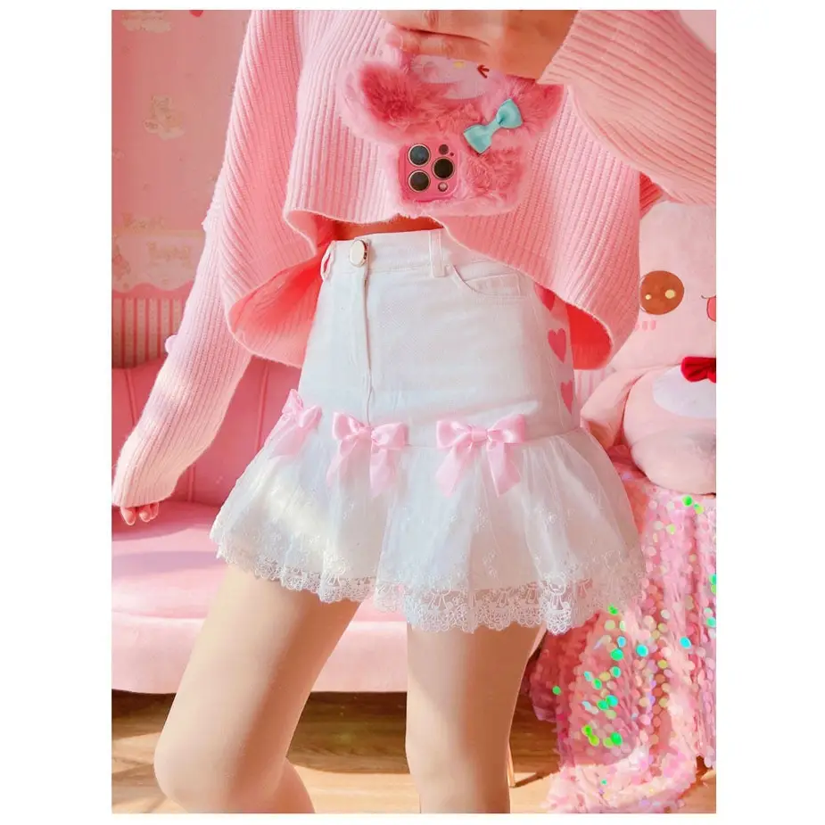 Sweet Pink and White Lace Lolita Skirt with Ribbons and Ruffles - Bow Version / S - skirt