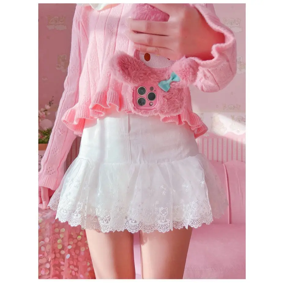 Sweet Pink and White Lace Lolita Skirt with Ribbons and Ruffles - Plain Version / S - skirt