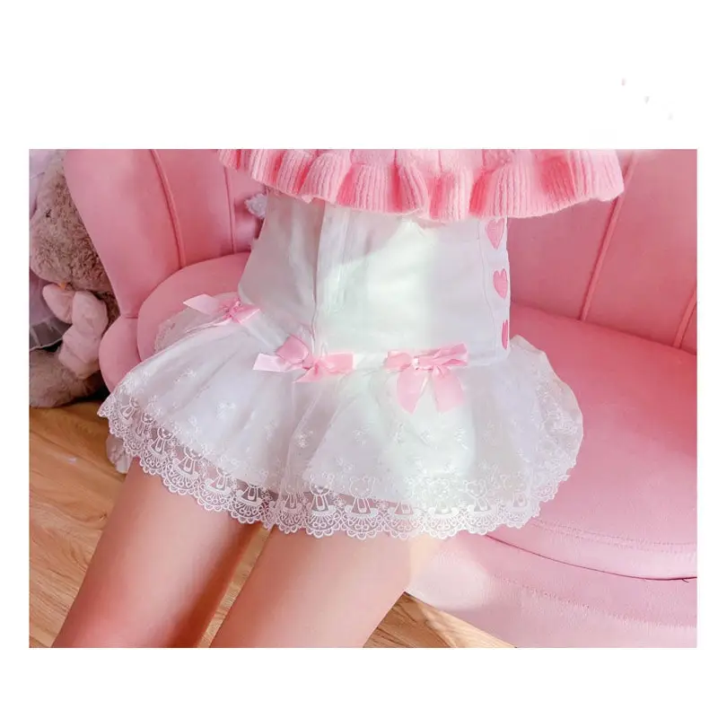 Sweet Pink and White Lace Lolita Skirt with Ribbons and Ruffles - skirt