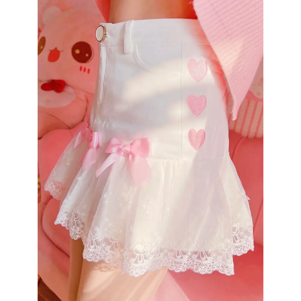 Sweet Pink and White Lace Lolita Skirt with Ribbons and Ruffles - skirt