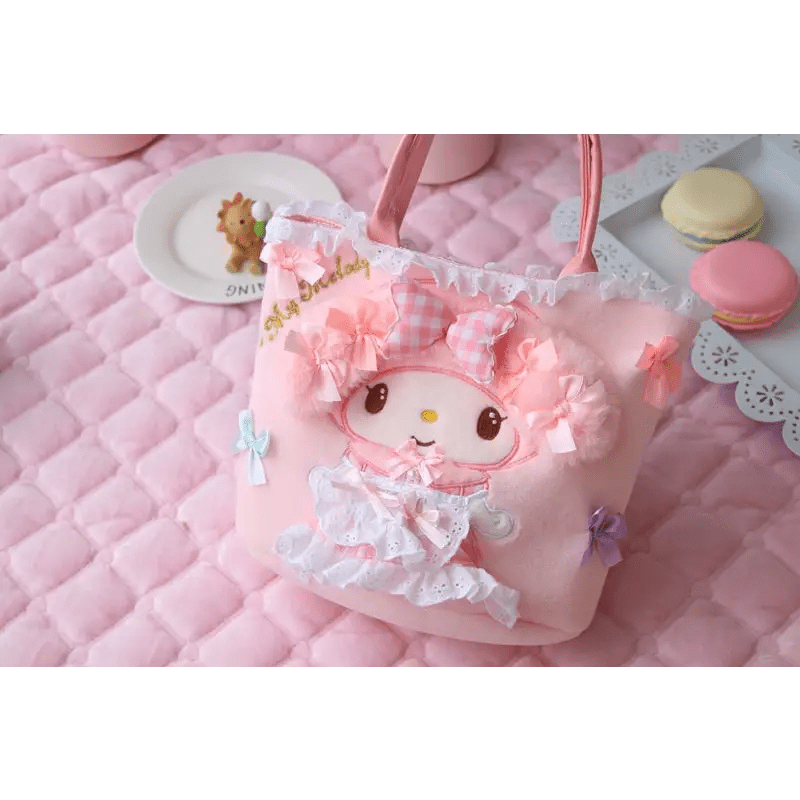 Sweet Pink Bunny Plush Purse with Ribbons and Soft Silk Lining - Cosparty