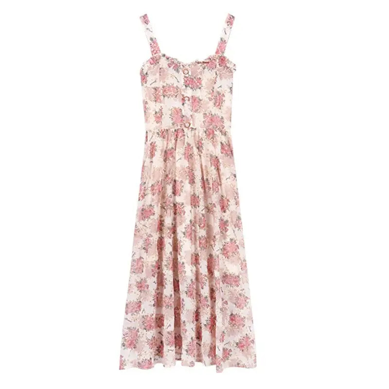 Sweet Pink Floral Dress with Length 112cm Waist - dress