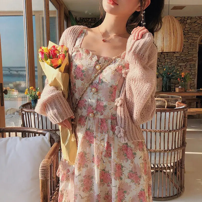 Sweet Pink Floral Dress with Length 112cm Waist - dress