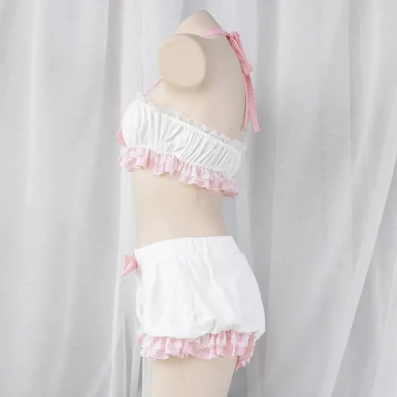 Sweet Pink Plaid Lingerie Set with Ruffled Halter Top and Bloomers - Cosparty