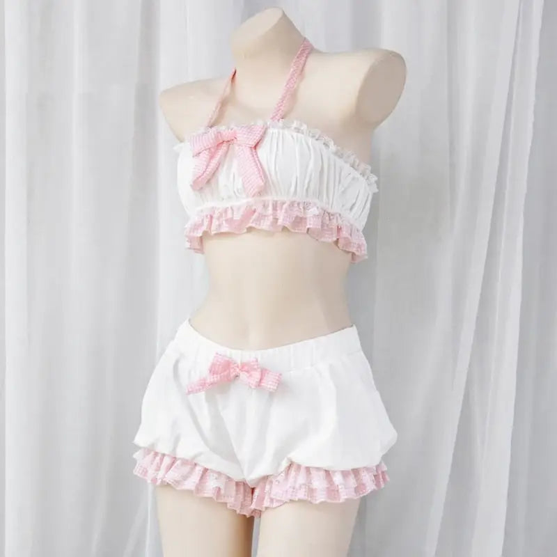 Sweet Pink Plaid Lingerie Set with Ruffled Halter Top and Bloomers - Lingerie