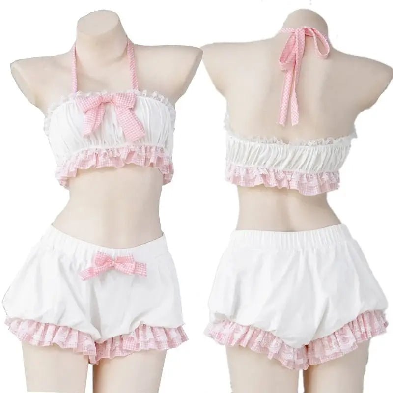 Sweet Pink Plaid Lingerie Set with Ruffled Halter Top and Bloomers - Cosparty