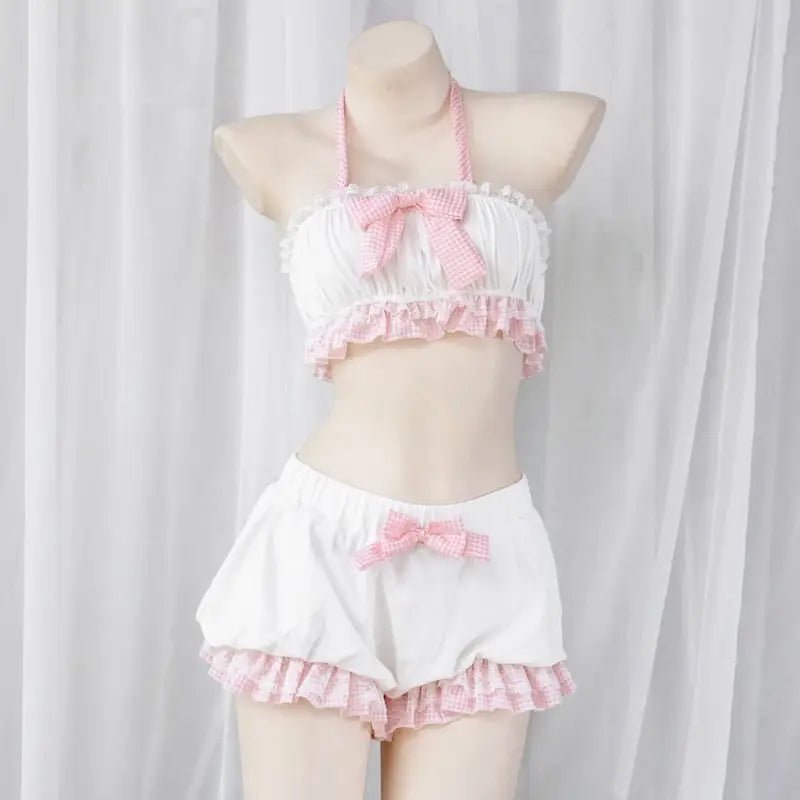 Sweet Pink Plaid Lingerie Set with Ruffled Halter Top and Bloomers - Cosparty