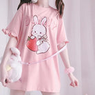 Sweet Pink Strawberry Bunny Oversized Tee with Ruffle Lace Trim - Cosparty