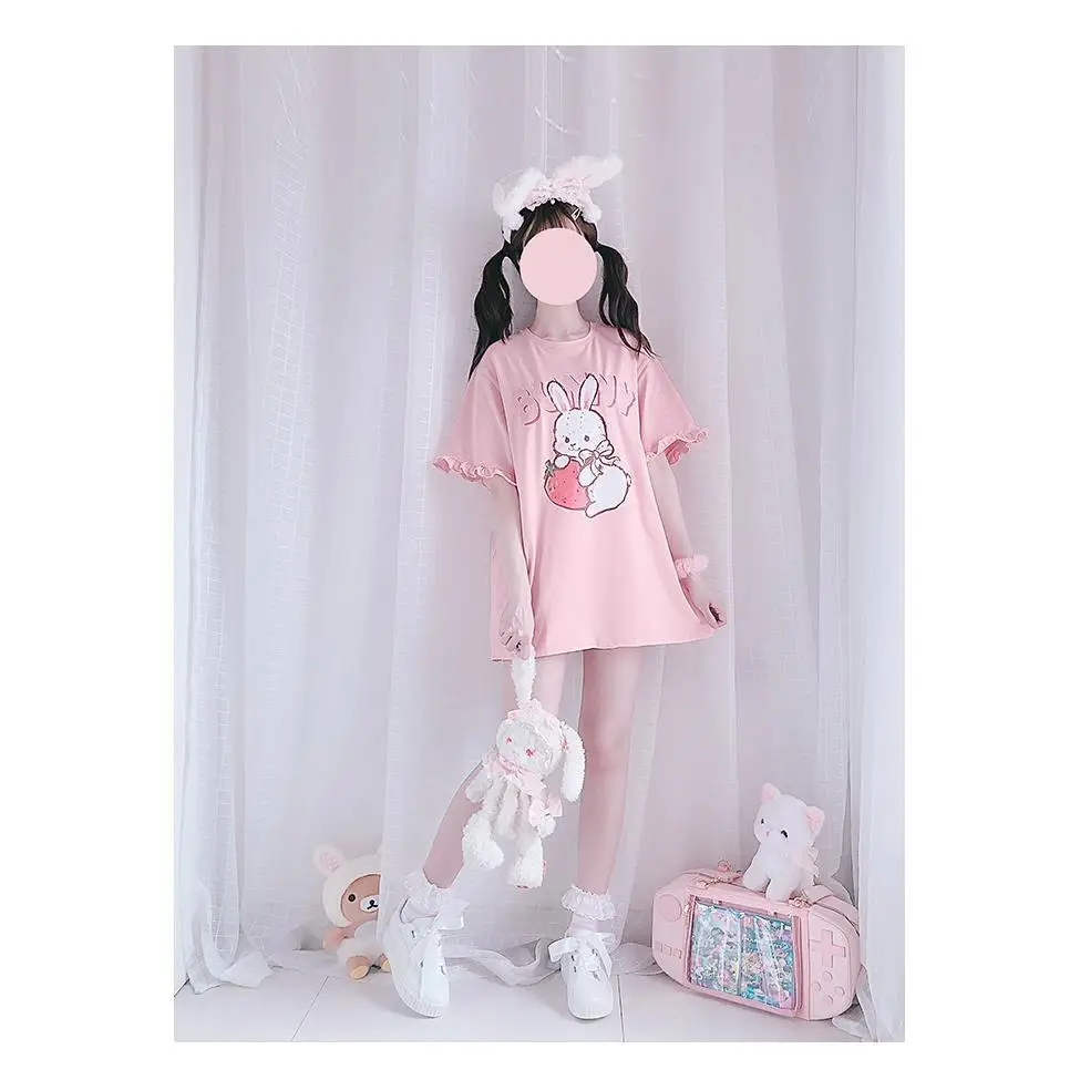 Sweet Pink Strawberry Bunny Oversized Tee with Ruffle Lace Trim - shirt