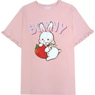 Sweet Pink Strawberry Bunny Oversized Tee with Ruffle Lace Trim - Cosparty