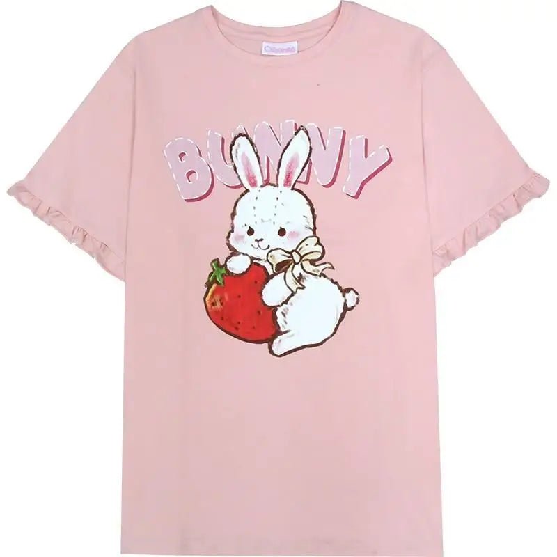 Sweet Pink Strawberry Bunny Oversized Tee with Ruffle Lace Trim - Cosparty