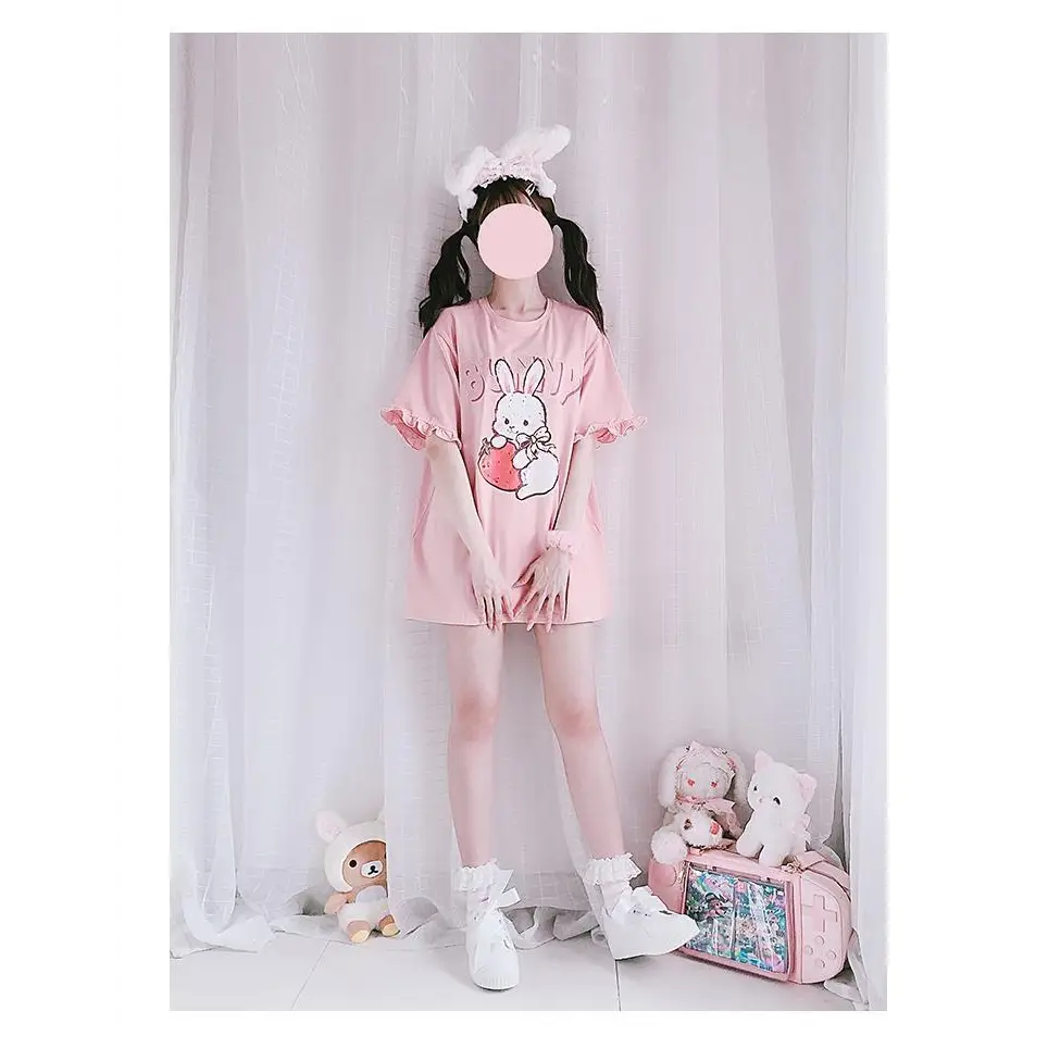 Sweet Pink Strawberry Bunny Oversized Tee with Ruffle Lace Trim - shirt