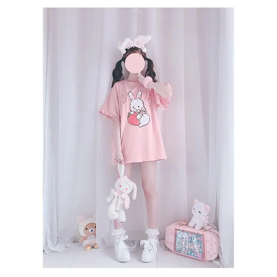 Sweet Pink Strawberry Bunny Oversized Tee with Ruffle Lace Trim - shirt