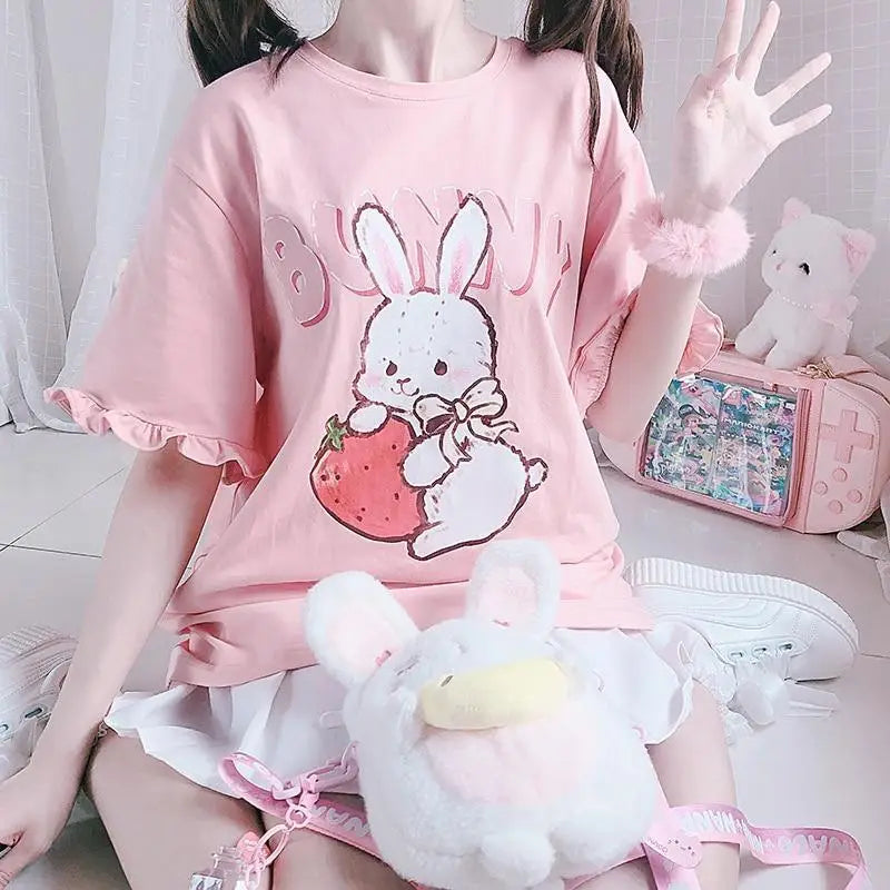 Sweet Pink Strawberry Bunny Oversized Tee with Ruffle Lace Trim - shirt