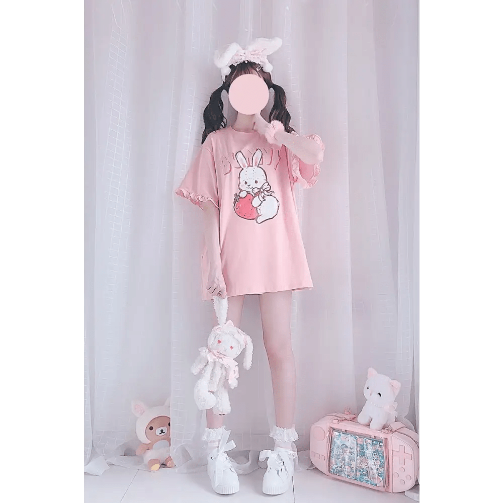 Sweet Pink Strawberry Bunny Oversized Tee with Ruffle Lace Trim - Cosparty