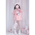 Sweet Pink Strawberry Bunny Oversized Tee with Ruffle Lace Trim - Cosparty