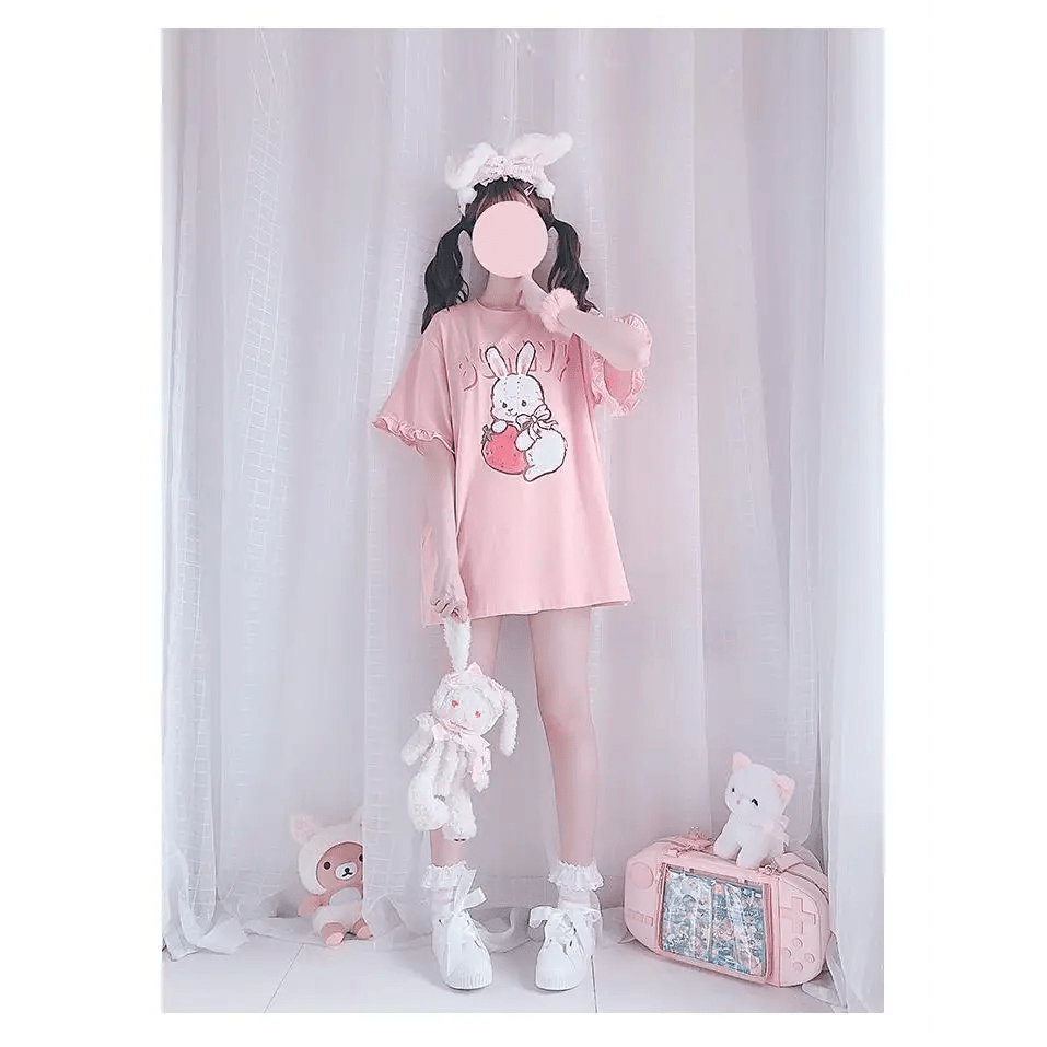 Sweet Pink Strawberry Bunny Oversized Tee with Ruffle Lace Trim - Cosparty
