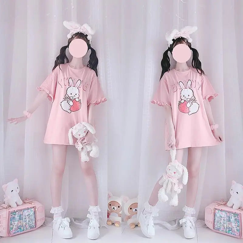 Sweet Pink Strawberry Bunny Oversized Tee with Ruffle Lace Trim - shirt