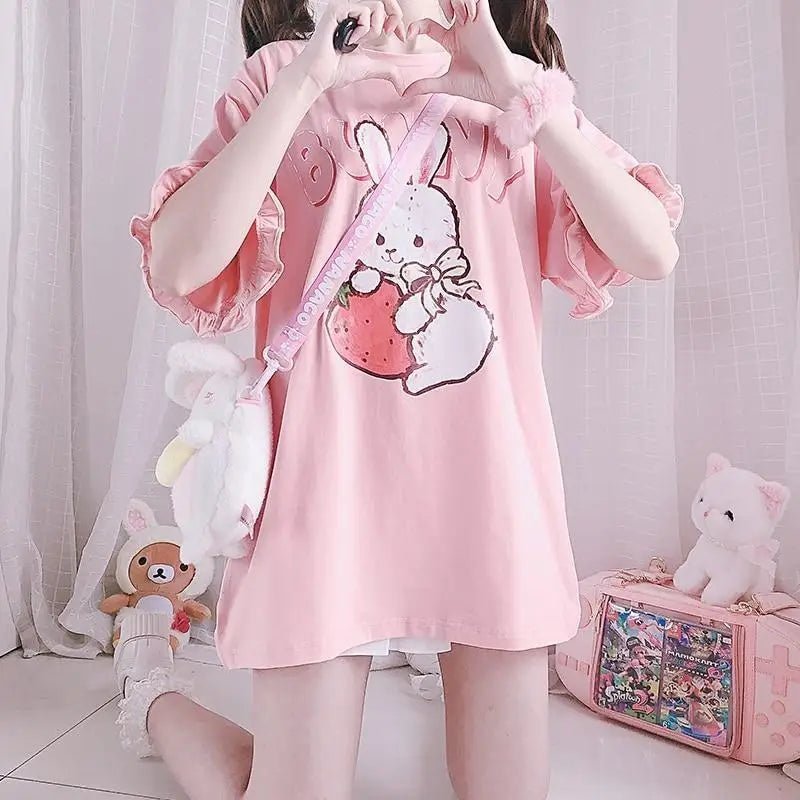 Sweet Pink Strawberry Bunny Oversized Tee with Ruffle Lace Trim - Cosparty